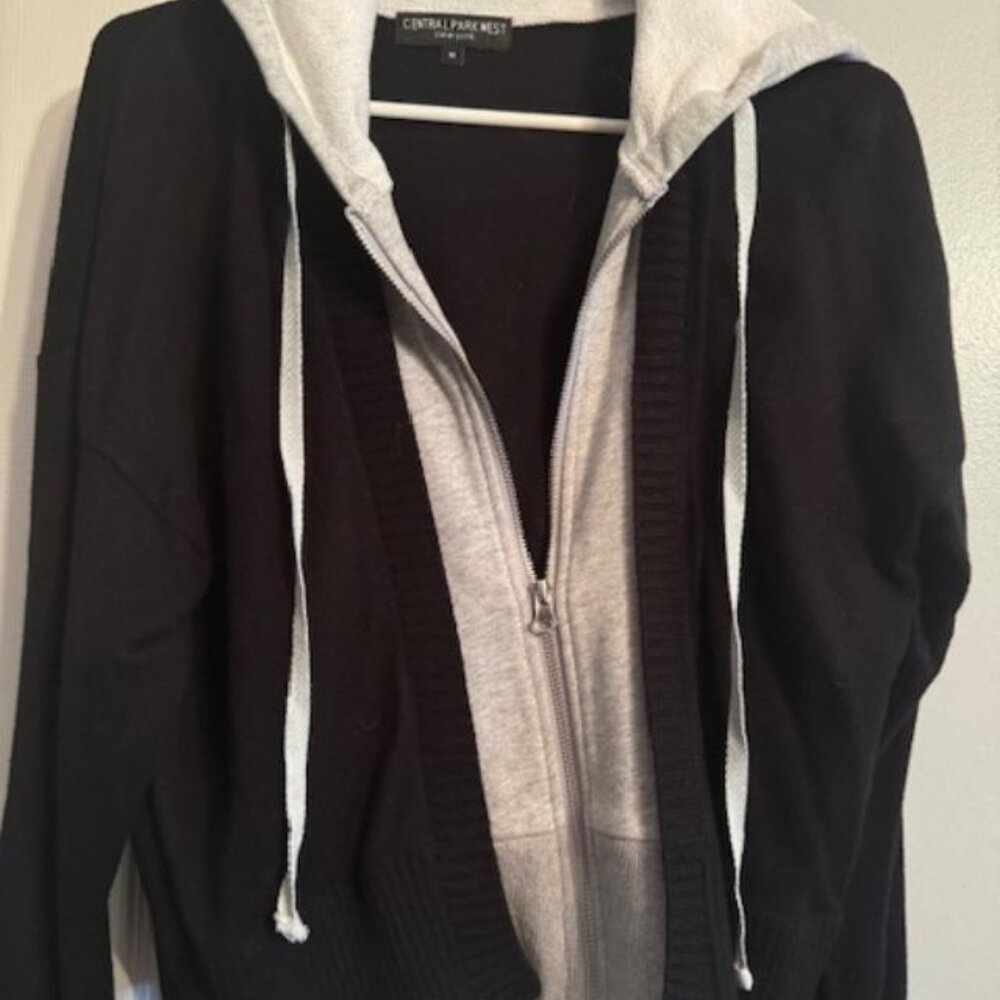 Central Park West Sweater with attached grey hoodie.